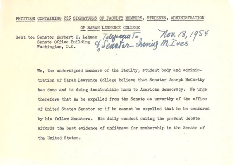 Typed and handwritten letter from Sarah Lawrence College urging for Senator McCarthy's expulsion or censure, dated November 18, 1954.
