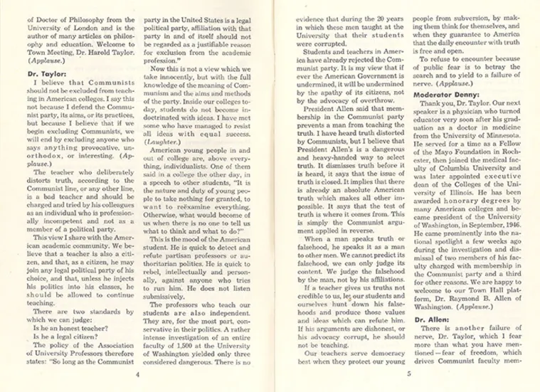 Two pages of text discussing communism, academic freedom, and truth in education, including a conversation with Dr. Taylor and Dr. Allen.