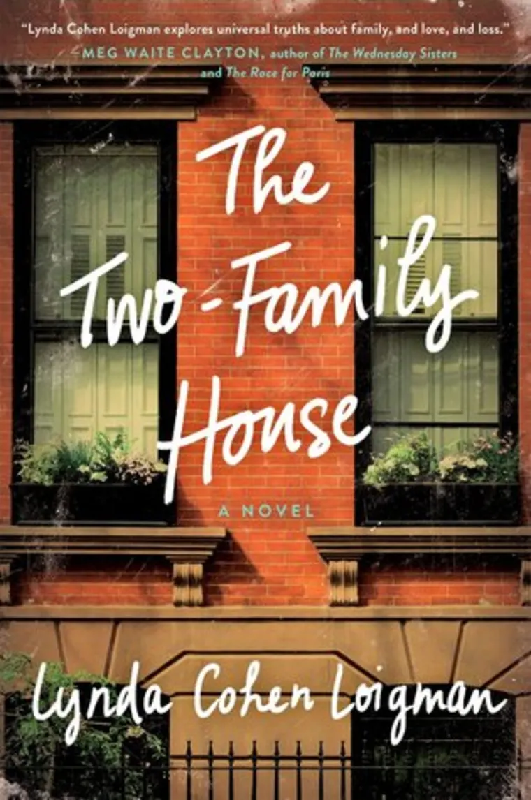 Book cover of "The Two-Family House" by Lynda Cohen Loigman, featuring a brick building facade with two windows and flower boxes.