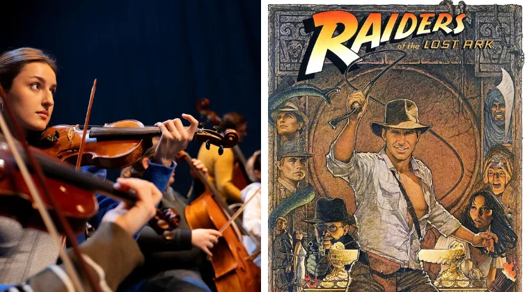 Orchestra playing string instruments on the left, "Raiders of the Lost Ark" movie poster on the right featuring an adventurer with a hat and whip.