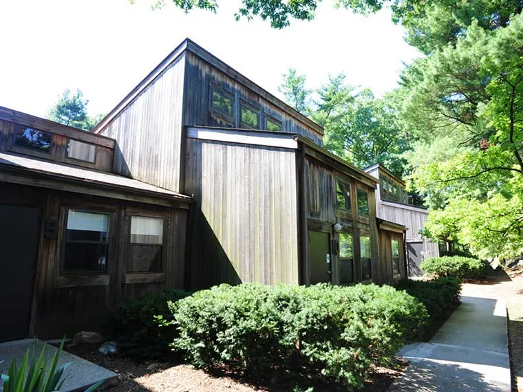 Modern wooden building with large windows surrounded by trees and shrubs on a sunny day. A concrete pathway runs alongside.