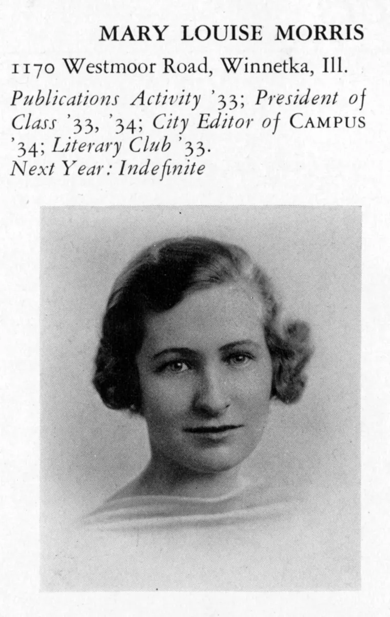 Black and white yearbook photo of a person with wavy hair and a serious expression. Text details school activities and future plans.