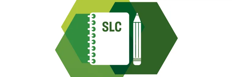 Notebook labeled "SLC" and a pencil against overlapping green hexagons.
