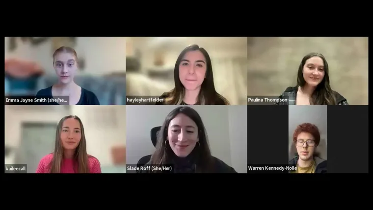 Seven people in a virtual meeting, each in individual video call frames, with varied backgrounds and lighting.