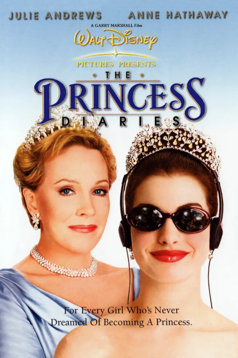Two individuals with tiaras on the movie poster for "The Princess Diaries." One wears sunglasses and headphones. Text includes actors' names.