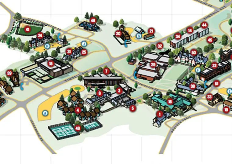 Illustrated campus map with numbered buildings, roads, and pathways, surrounded by trees and open spaces.
