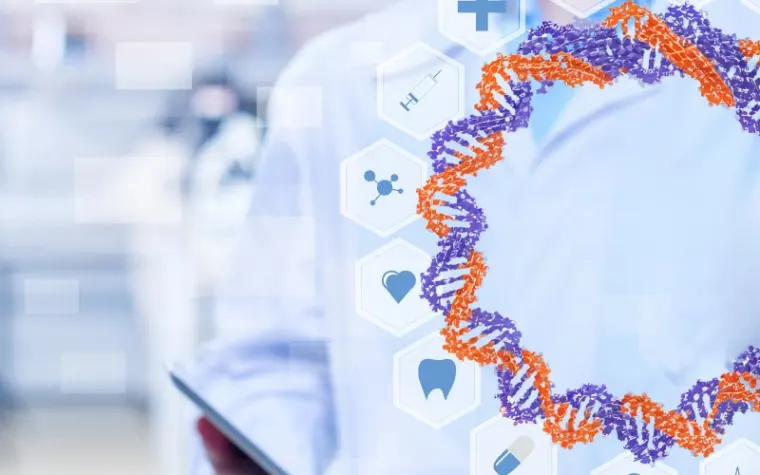 Person in a lab coat holding a tablet, with DNA helix and medical icons like syringe, heart, and tooth overlaying the image.