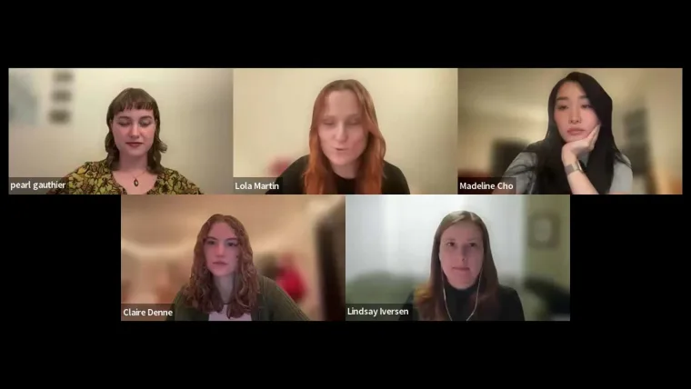 Five individuals in a video call, each in their own square panel, with neutral backgrounds and names visible below each panel.