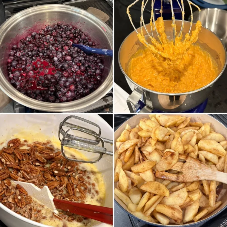 Four-panel image showing cooking steps: simmering blueberries, mixing pumpkin puree, stirring pecans in batter, and cooking cinnamon apples.