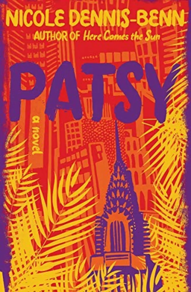 Book cover of "Patsy" by Nicole Dennis-Benn, featuring vibrant orange and purple cityscape and palm leaves.