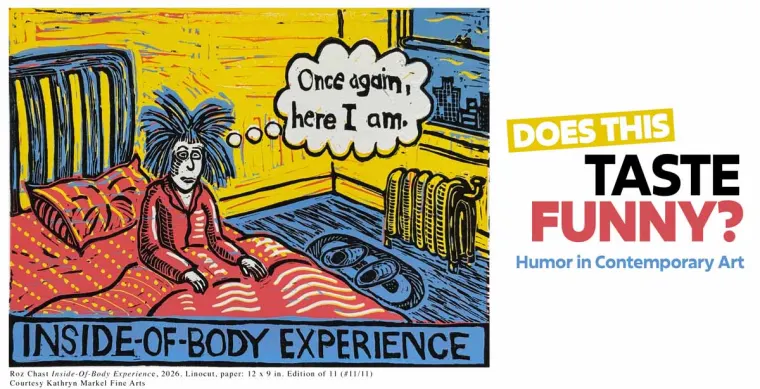 Colorful artwork of a person sitting in bed with thought bubble: "Once again, here I am." Text: "Inside-of-Body Experience," and exhibit title.
