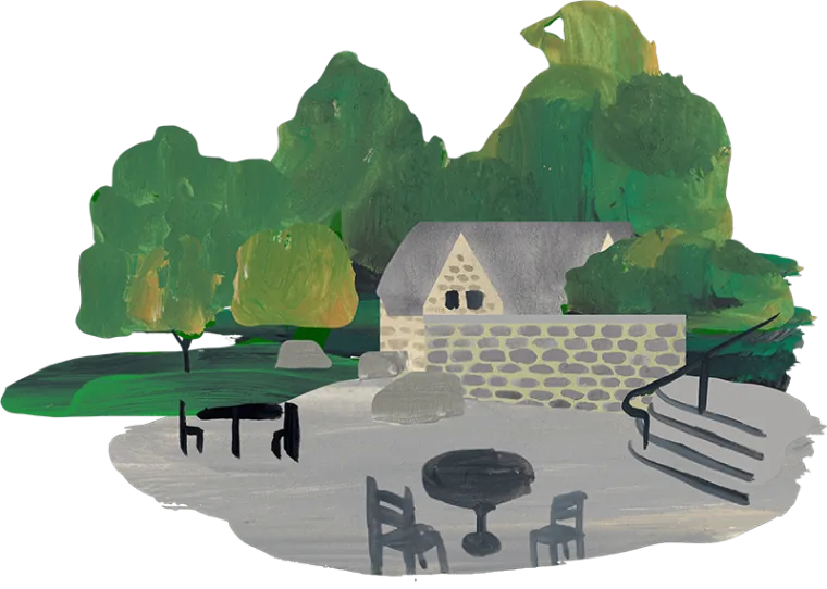 Painting of a stone cottage surrounded by trees, with a stone patio featuring a table, chairs, and steps.
