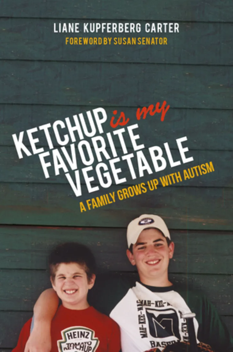 Two smiling people stand together. One wears a red shirt with a ketchup design, the other a cap and sports jersey. Book title: "Ketchup is My Favorite Vegetable."