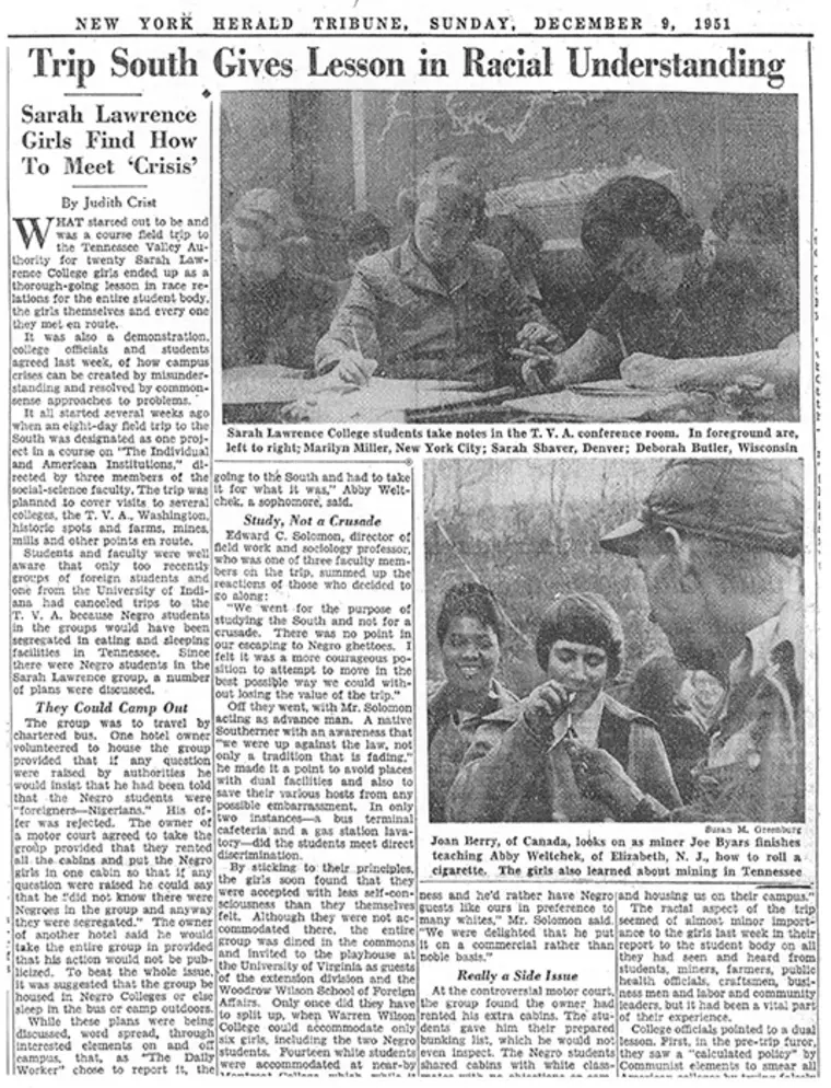 Newspaper clipping from 1951 titled "Trip South Gives Lesson in Racial Understanding" with accompanying images of students interacting.