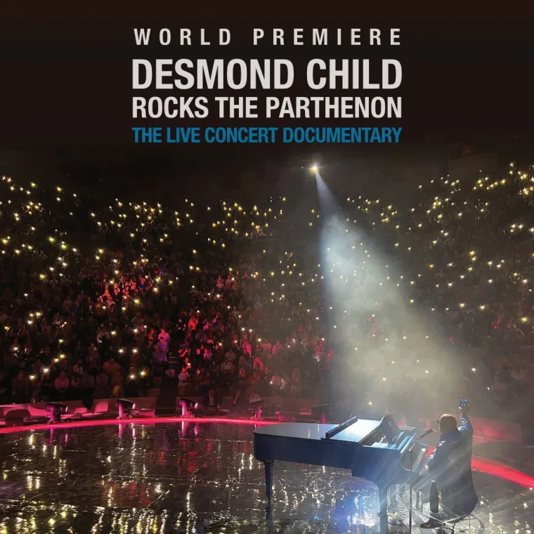 Concert poster shows a seated performer on stage with a piano, surrounded by an audience holding lights. Text: "Desmond Child Rocks The Parthenon."