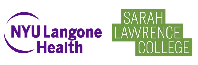 Logos of NYU Langone Health in purple and Sarah Lawrence College in white on a green background.