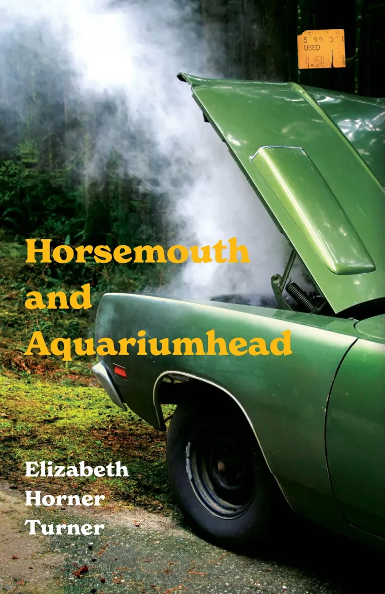 Book cover showing a green car with an open hood, emitting smoke in a forest. Title: Horsemouth and Aquariumhead by Elizabeth Horner Turner.