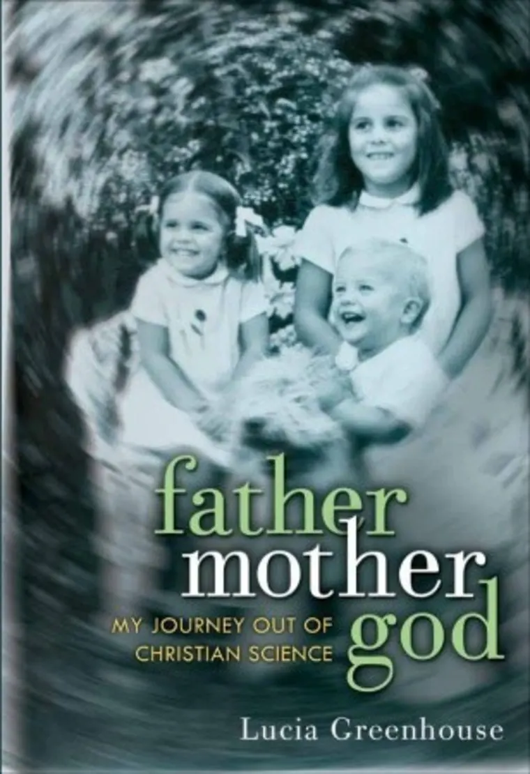 Three smiling children sit outdoors in a vintage photo. The book title is "father mother god: My Journey Out of Christian Science" by Lucia Greenhouse.