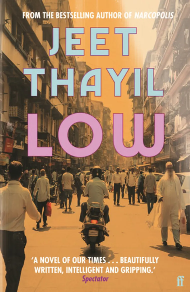 Book cover showing a busy street scene in a city, with orange sky background and large text in purple stating "Jeet Thayil Low."