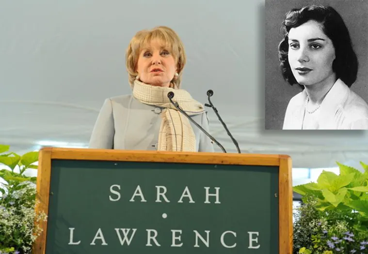 Person speaking at a podium labeled "Sarah Lawrence," with a black-and-white headshot in the top right corner.