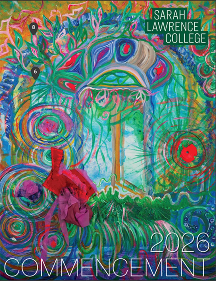 Colorful abstract art featuring vibrant swirls and organic shapes, with "Sarah Lawrence College 2026 Commencement" text in the top right.