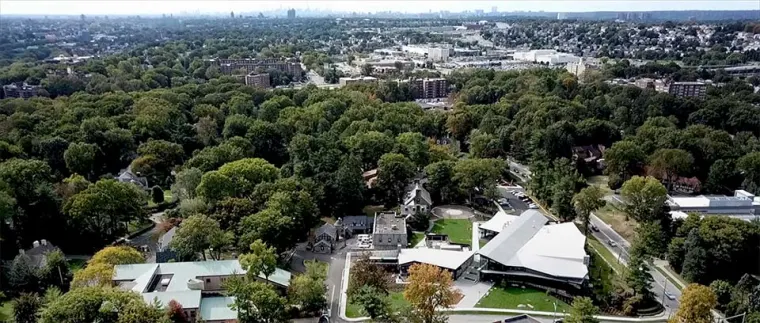 Aerial view of a residential area surrounded by dense trees, with a mix of buildings and green spaces stretching into the distance.