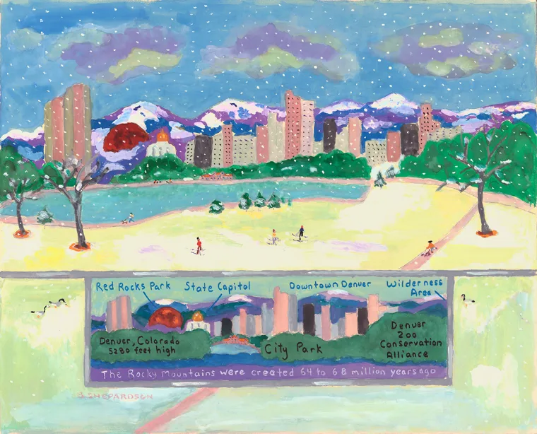 Colorful painting of a snowy park with people, trees, and a city skyline. Text highlights landmarks and mentions the Rocky Mountains.