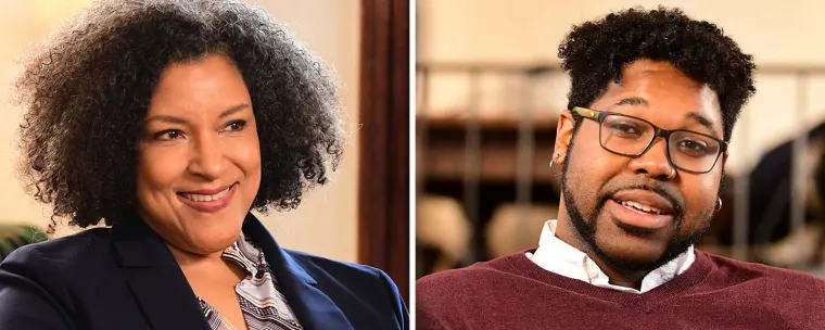 Two people smiling in separate images. The person on the left has curly hair, while the person on the right has glasses and a beard.