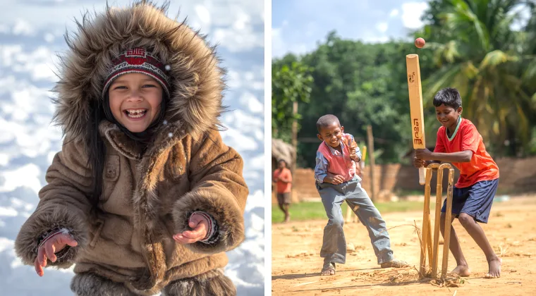 Child in fur coat smiling in snow; kids playing cricket in a sunny field, one batting, another bowling.