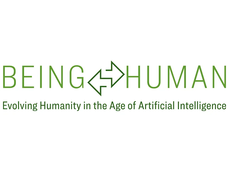Text reads "BEING HUMAN" with arrows between words, and "Evolving Humanity in the Age of Artificial Intelligence" below.