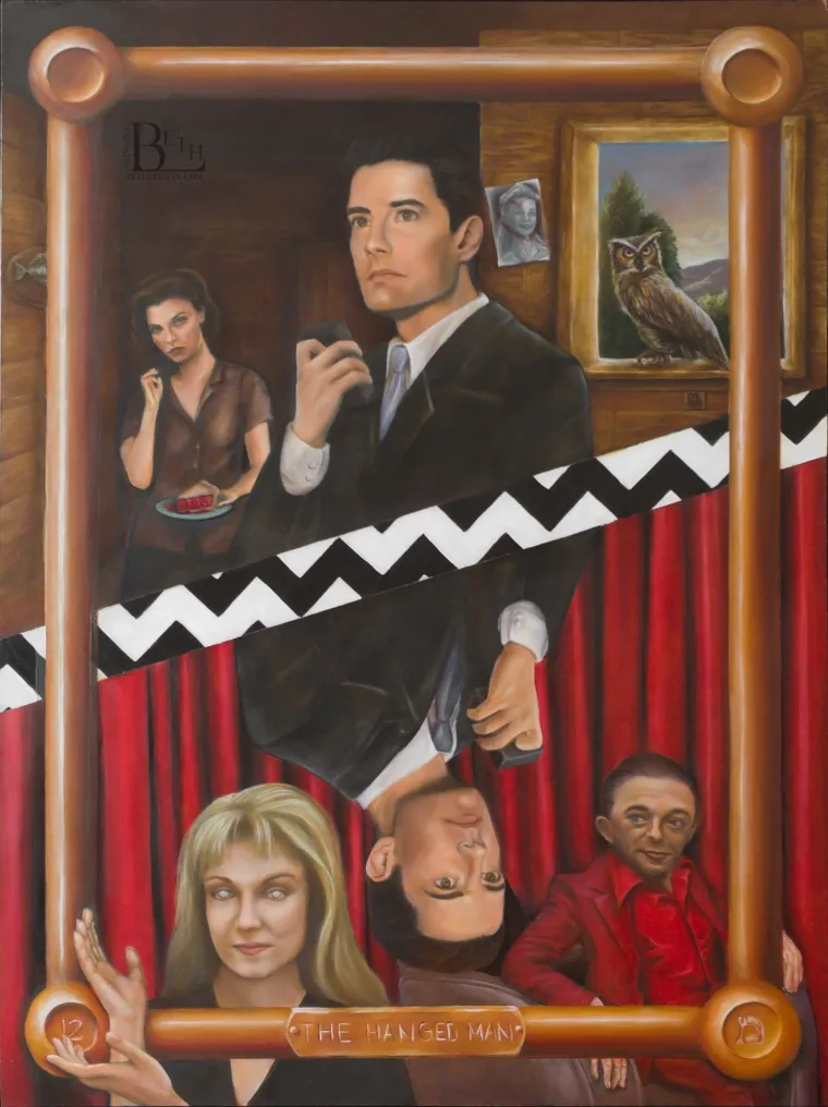 Surreal painting with two mirrored sections featuring people, a slice of cherry pie, an owl in a painting, and geometric patterns.