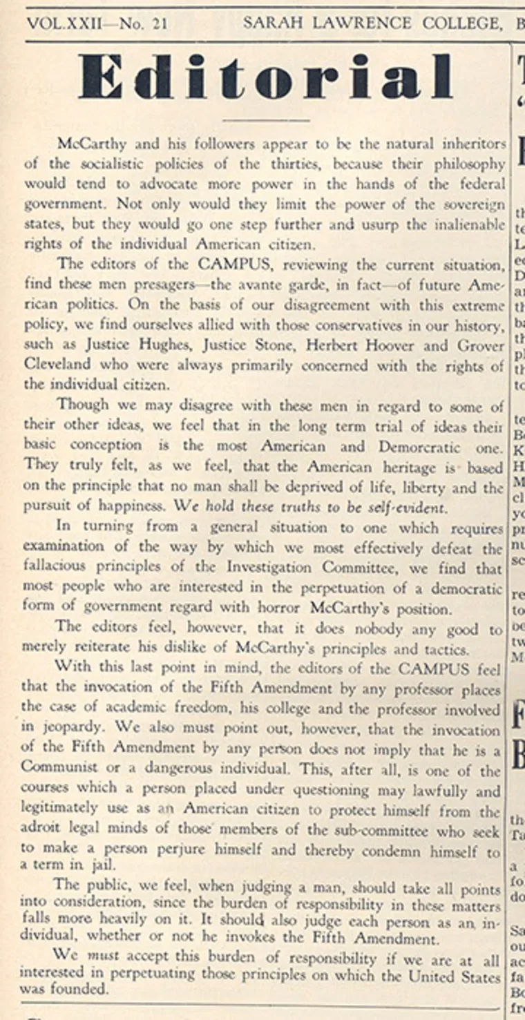Editorial text discussing McCarthy's policies, referencing historic figures and emphasizing the importance of individual rights and the Fifth Amendment.