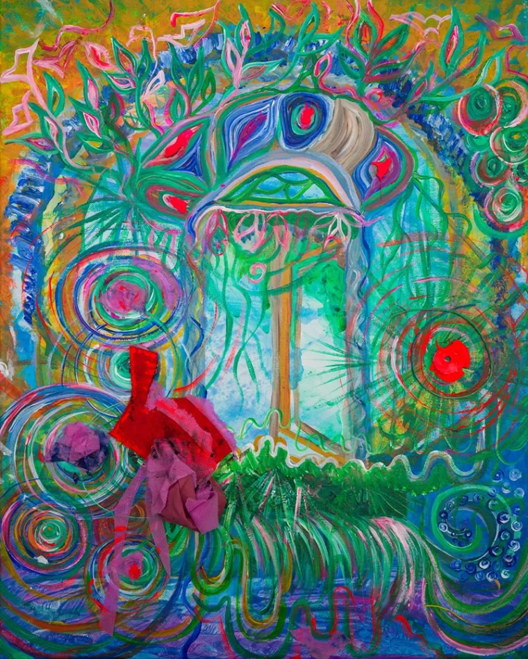 Colorful abstract painting with swirling patterns, vibrant leaves, and layered textures.