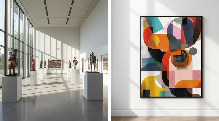 Left: Art gallery with sculptures and paintings on white pedestals. Right: Framed abstract geometric artwork on a white wall.