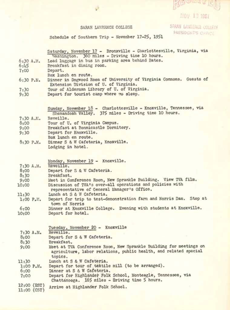 Typed schedule for a Southern trip by Sarah Lawrence College from November 17-25, 1951, including daily activities and travel details.