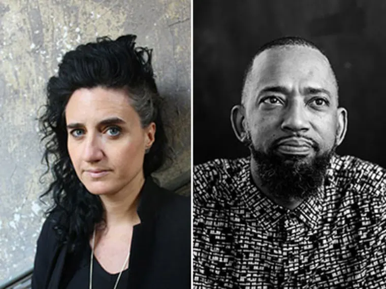 Split image of two people. Left: Person with long dark hair, serious expression. Right: Person with short hair, beard, wearing a patterned shirt.