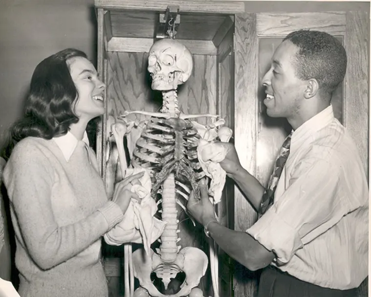 Two people appear to be laughing while cleaning a skeleton model with cloths.
