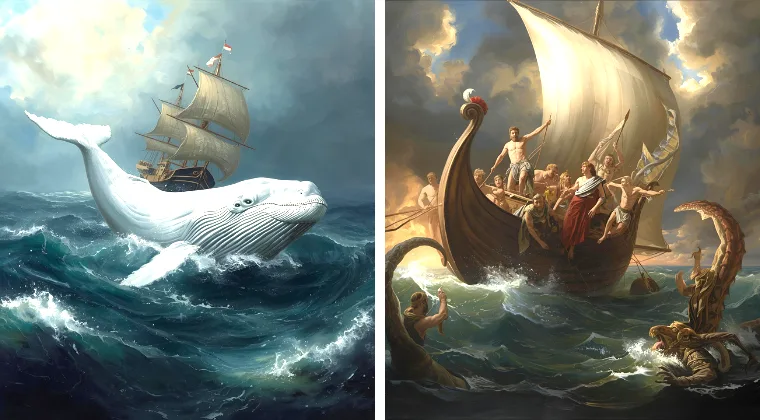 Two illustrations: Left shows a large white whale near a ship; right depicts a sea battle with a boat and a sea creature in churning waters.