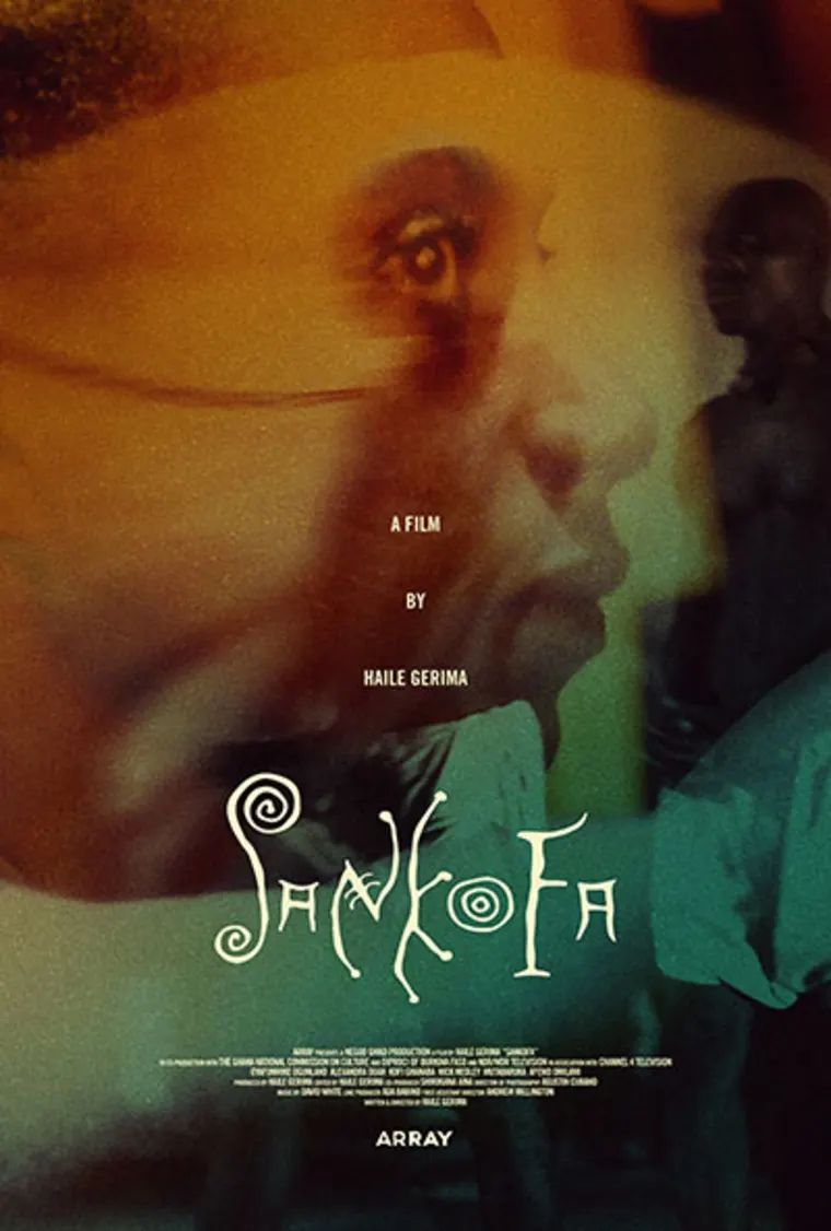 Close-up face with overlay of a standing figure, text reads "Sankofa" and "A film by Haile Gerima" in stylized font.
