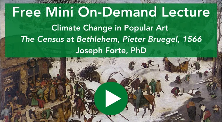Announcement for a free on-demand lecture on climate change in art, featuring Pieter Bruegel's "The Census at Bethlehem" with a play button.