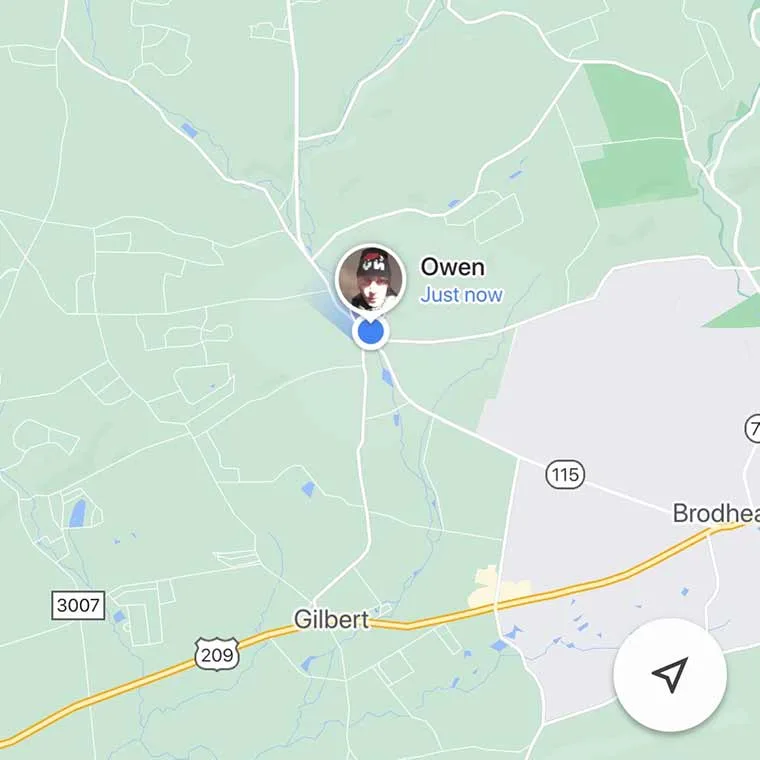 Map showing a location marked with a blue dot, labeled "Owen Just now," near Gilbert and Brodhead. Navigation icon at bottom right.