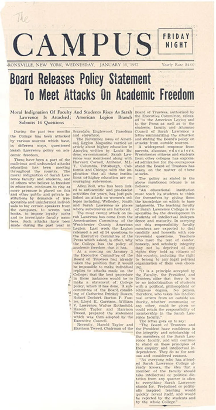 Old newspaper clipping titled "Board Releases Policy Statement To Meet Attacks On Academic Freedom" discussing academic integrity.