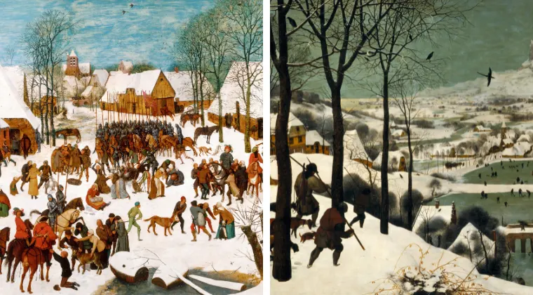 Two winter scenes: left shows a busy village gathering; right depicts hunters in a quiet snowy landscape with a distant village and frozen pond.