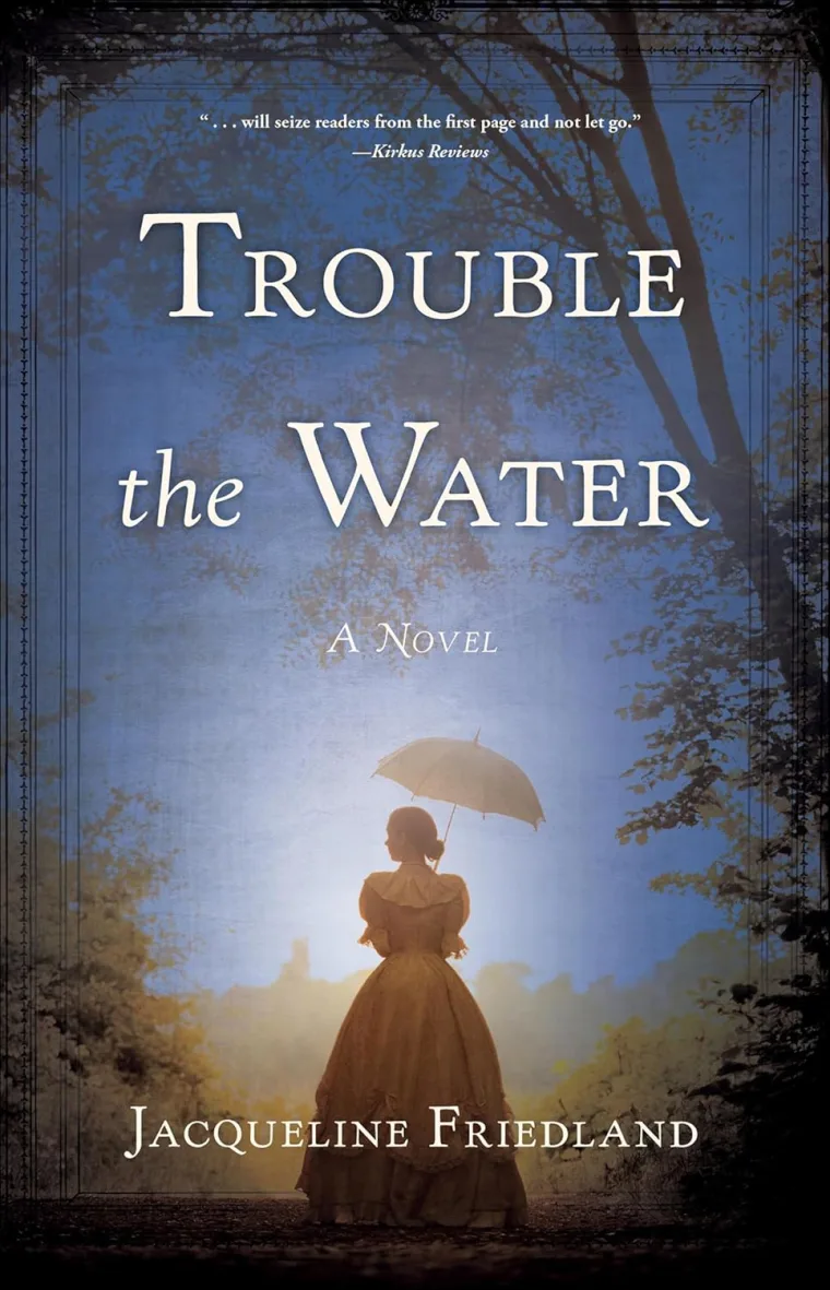 Silhouette of a figure holding an umbrella, looking at a bright sky. Book title: Trouble the Water. Author: Jacqueline Friedland.