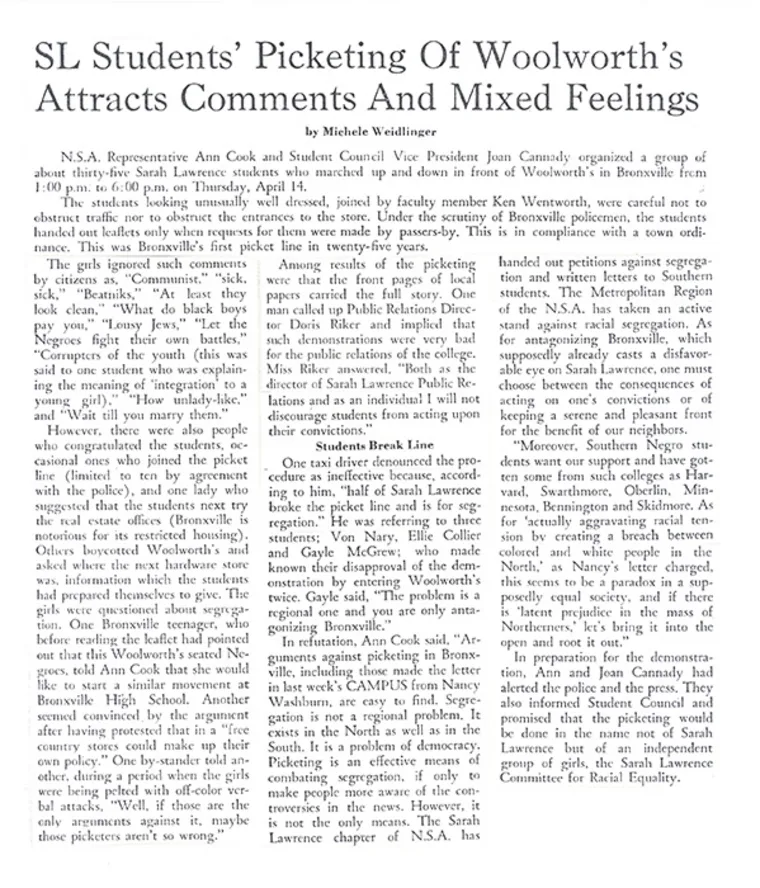 Newspaper article titled "SL Students' Picketing Of Woolworth's Attracts Comments And Mixed Feelings" by Michele Weidlinger, discussing a protest.
