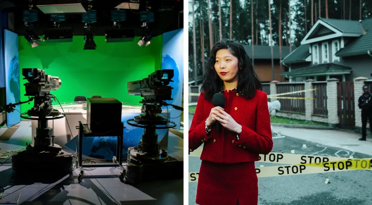 Split image: Left shows a TV studio with cameras and a green screen. Right shows a person with a microphone near a house with police tape.