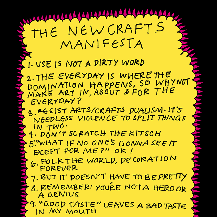 Yellow paper with the title "The New Crafts Manifesta," listing nine principles related to art and crafts, surrounded by a zigzag red border.