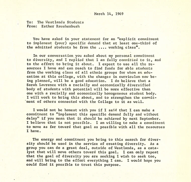 Typed letter dated March 14, 1969, from Esther Raushenbush to Westlands students about commitment to diversity and inclusion in admissions.