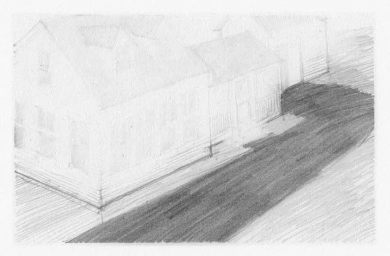 Sketch of a street view showing a house with a slanted roof alongside a road, featuring light pencil shading for texture and depth.