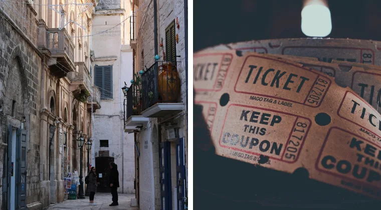 Narrow stone alley with people, adjacent to a close-up of vintage-style tickets.